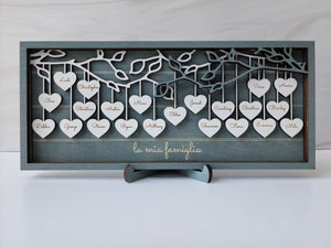 Custom family tree of hearts engraved with your loved ones names and personal message. Two colors available with the matching stand included. 